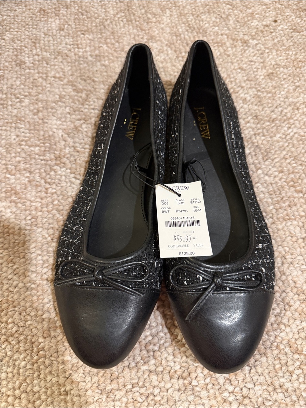 J. Crew Black Tweed and Leather Bow Ballet Flats